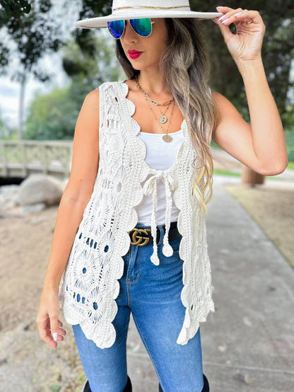 Ivory Boho Floral Crochet Open Front Vest with Tie