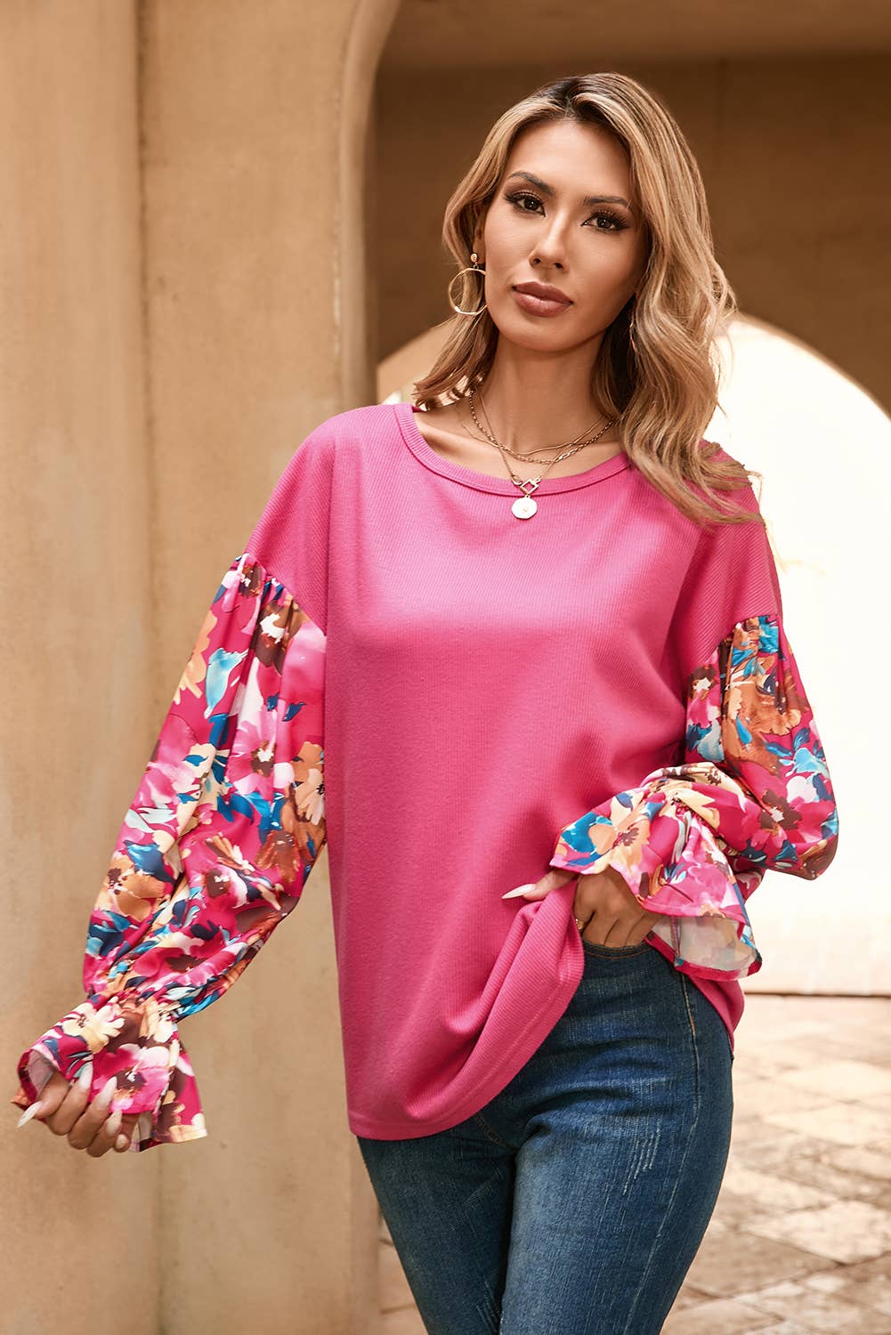 Pink Flower Patchwork Ribbed Knit Drop Shoulder Blouse