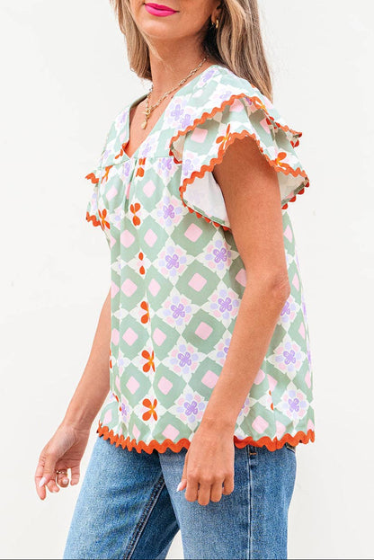 Geometric Floral Flutter Sleeve Summer Blouse