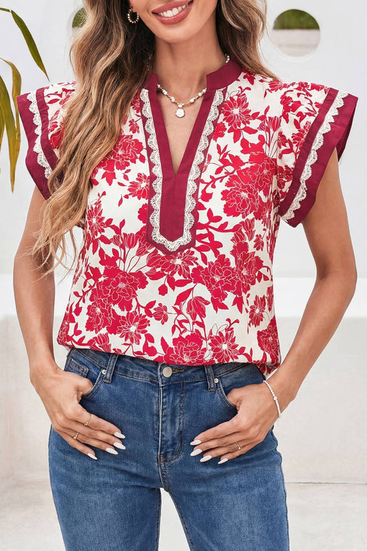 LDC Floral Block Trim Lace Detail Flutter Sleeve Blouse